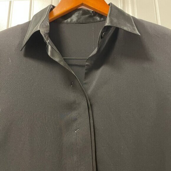 Vintage Satin Trim Hidden Button Blouse Black - Picture 3 of 15